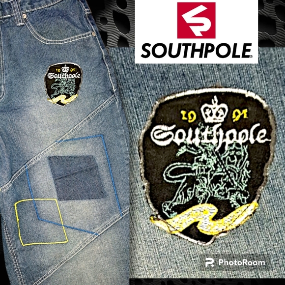 90s Vintage SOUTHPOLE Big Baggy Patchwork Jeans Streetwear "1991 SP" patch Sz 36 - Picture 3 of 8